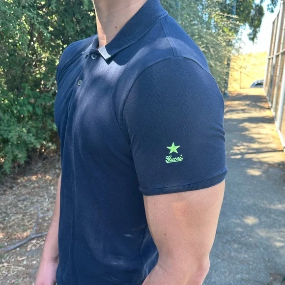 GUCCI SHOOTING LUCKY STAR NEON VOLT GREEN NAVY BLUE UNIFORM POLO SHIRT TENNIS S - Picture 6 of 16